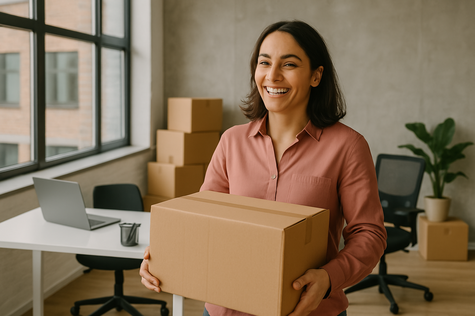 A smiling woman holding a box in an office space.